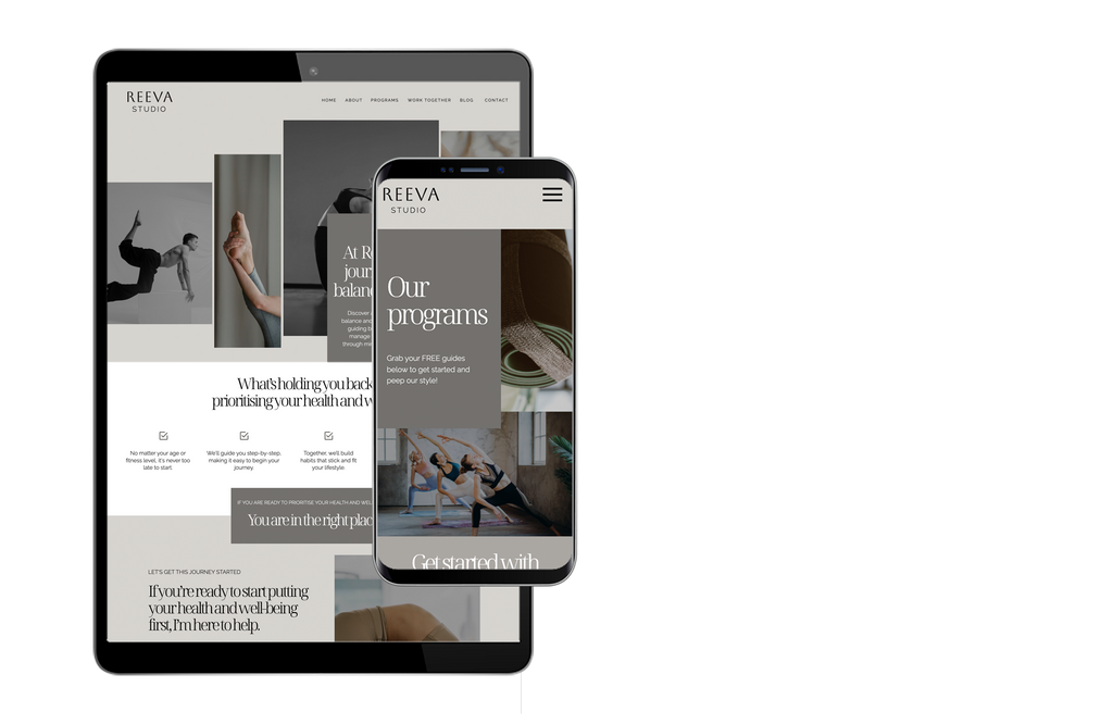 Reeva Showit yoga and wellness website template with a soft neutral theme.