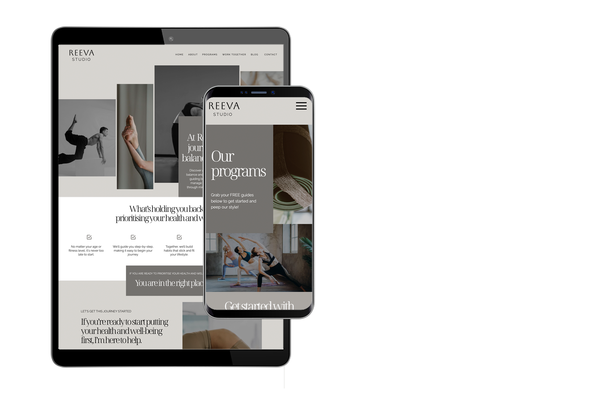 Reeva Showit yoga and wellness website template with a soft neutral theme.