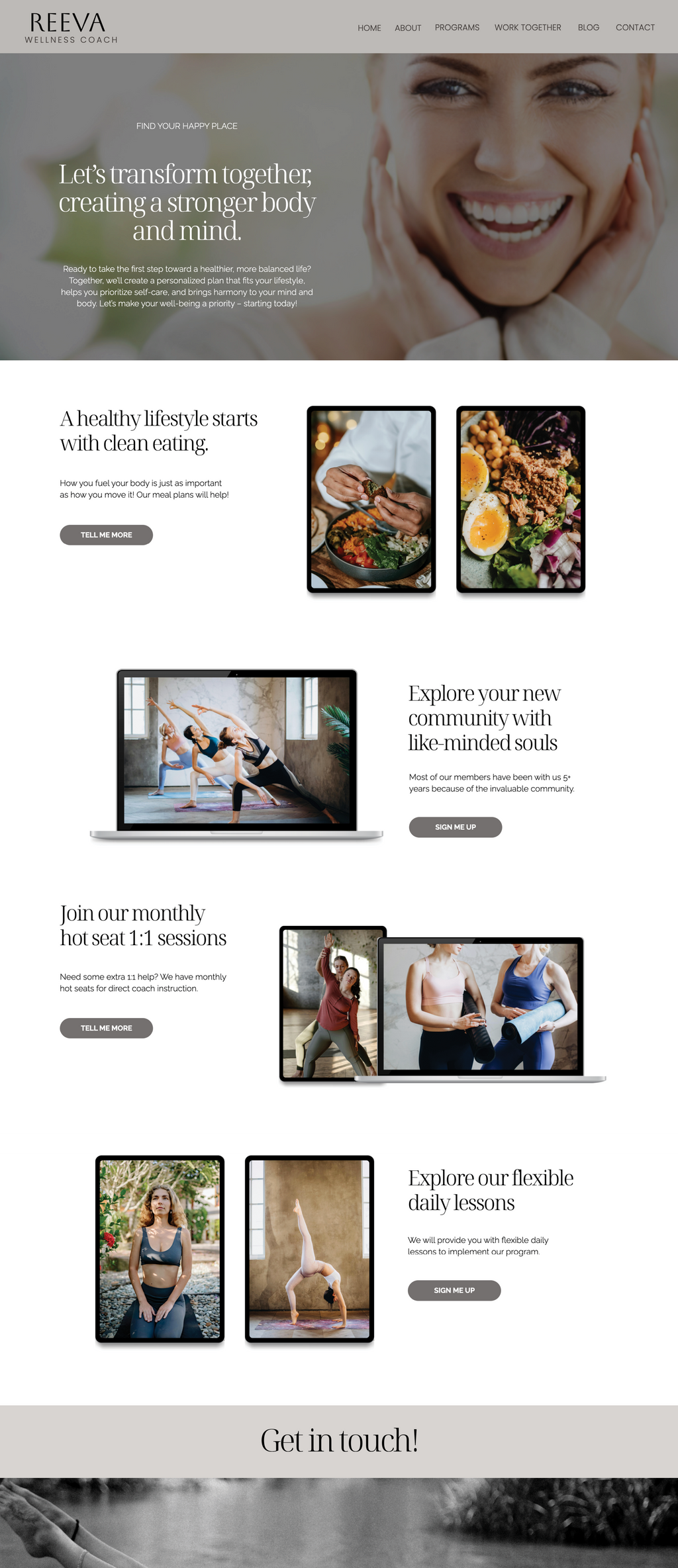 Reeva Showit yoga and wellness website template. Work with Me Page with a soft neutral theme.