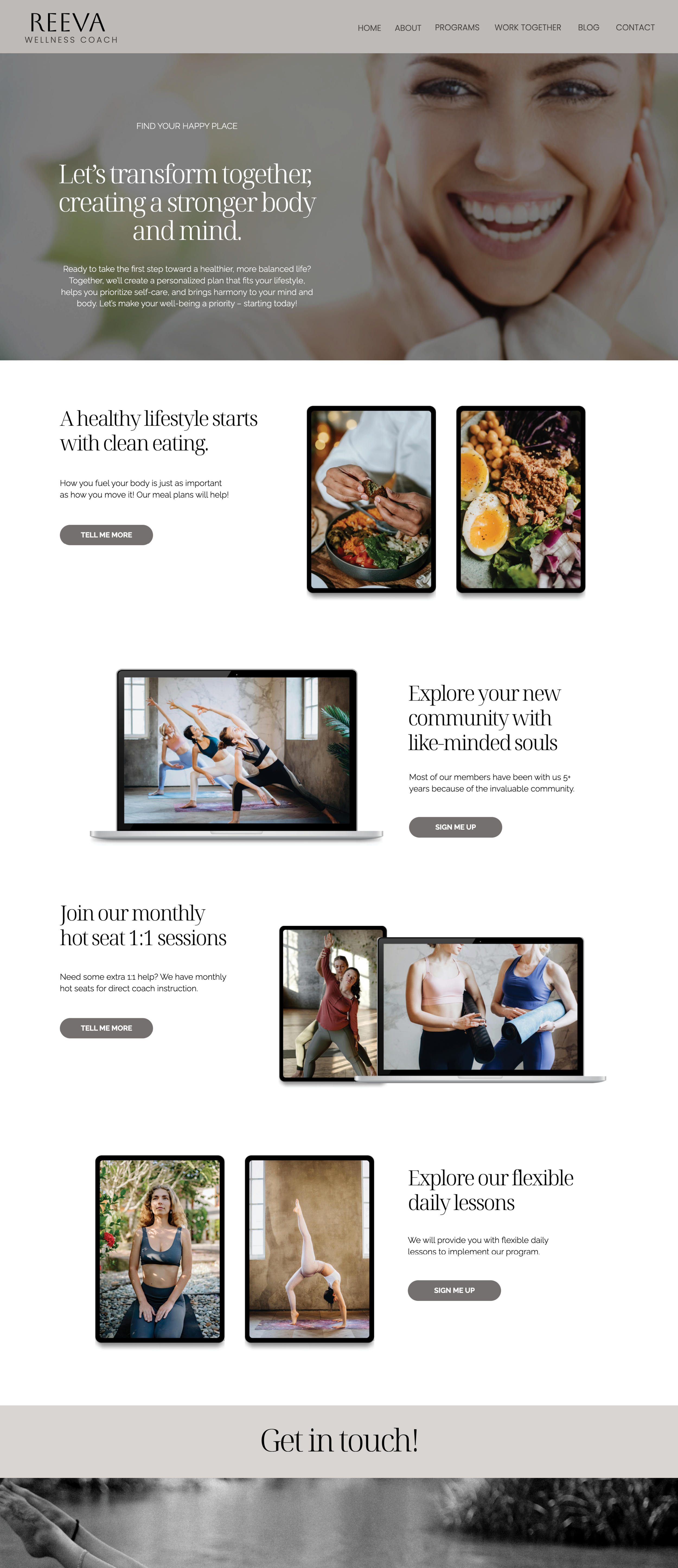 Reeva Showit yoga and wellness website template. Work with Me Page with a soft neutral theme.