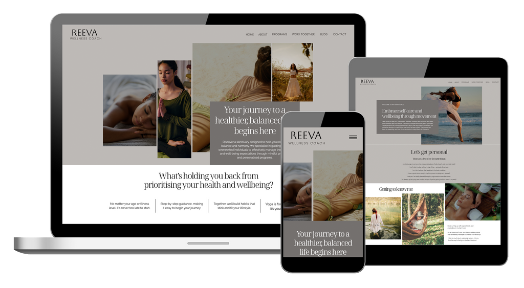 Reeva Showit yoga and wellness website template with a soft neutral theme.