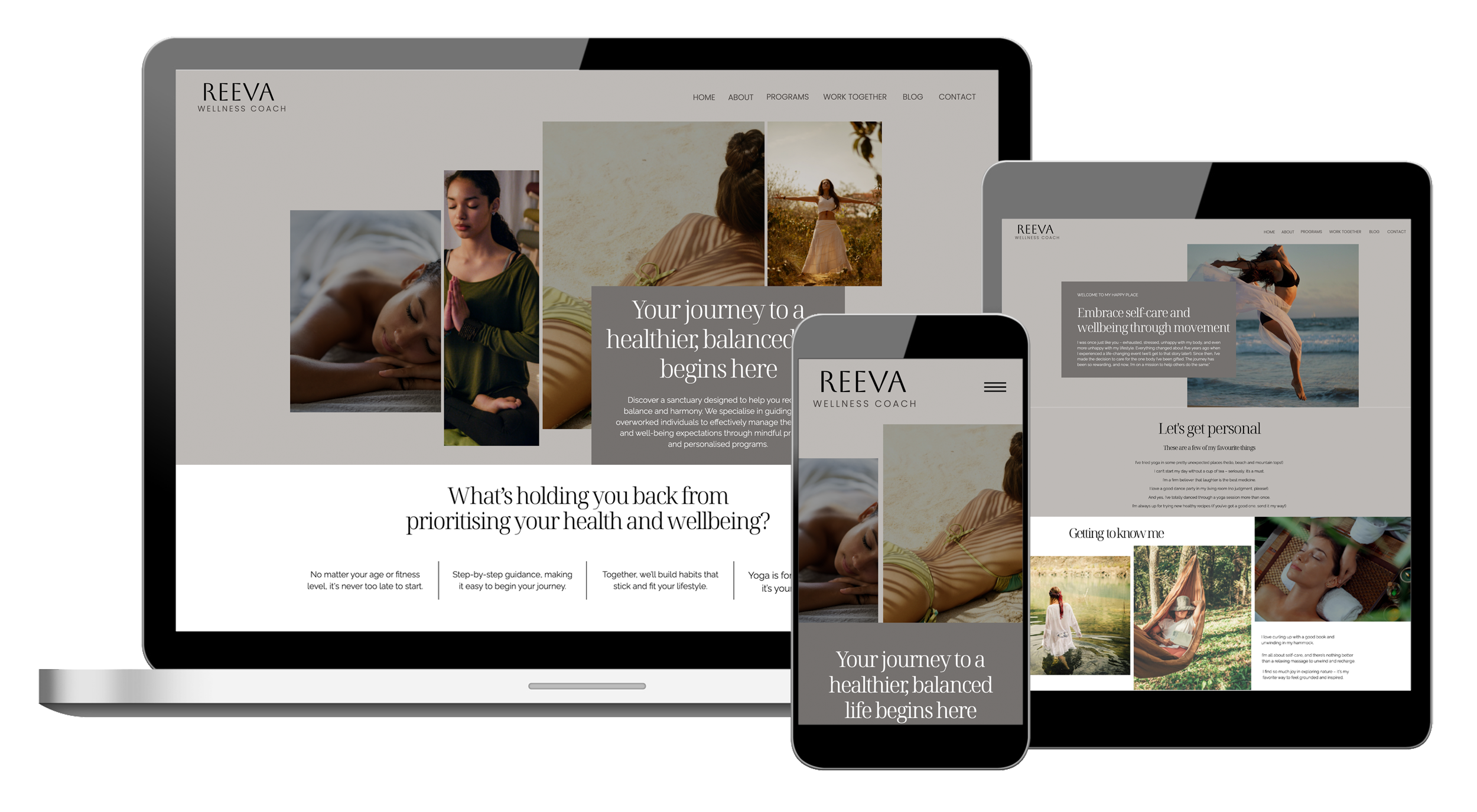 Reeva Showit yoga and wellness website template with a soft neutral theme.