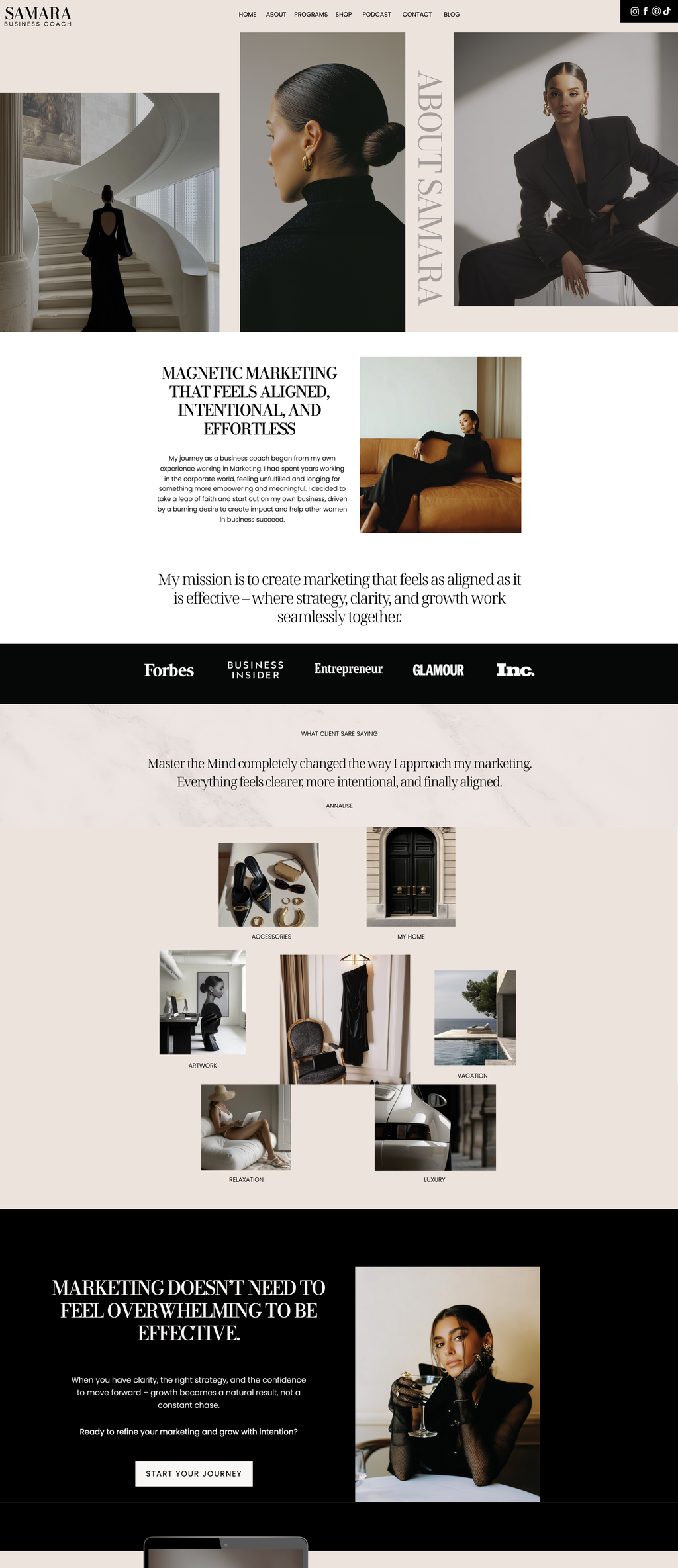 Showit business coach website template. About Page with a ivory, black and white theme.background