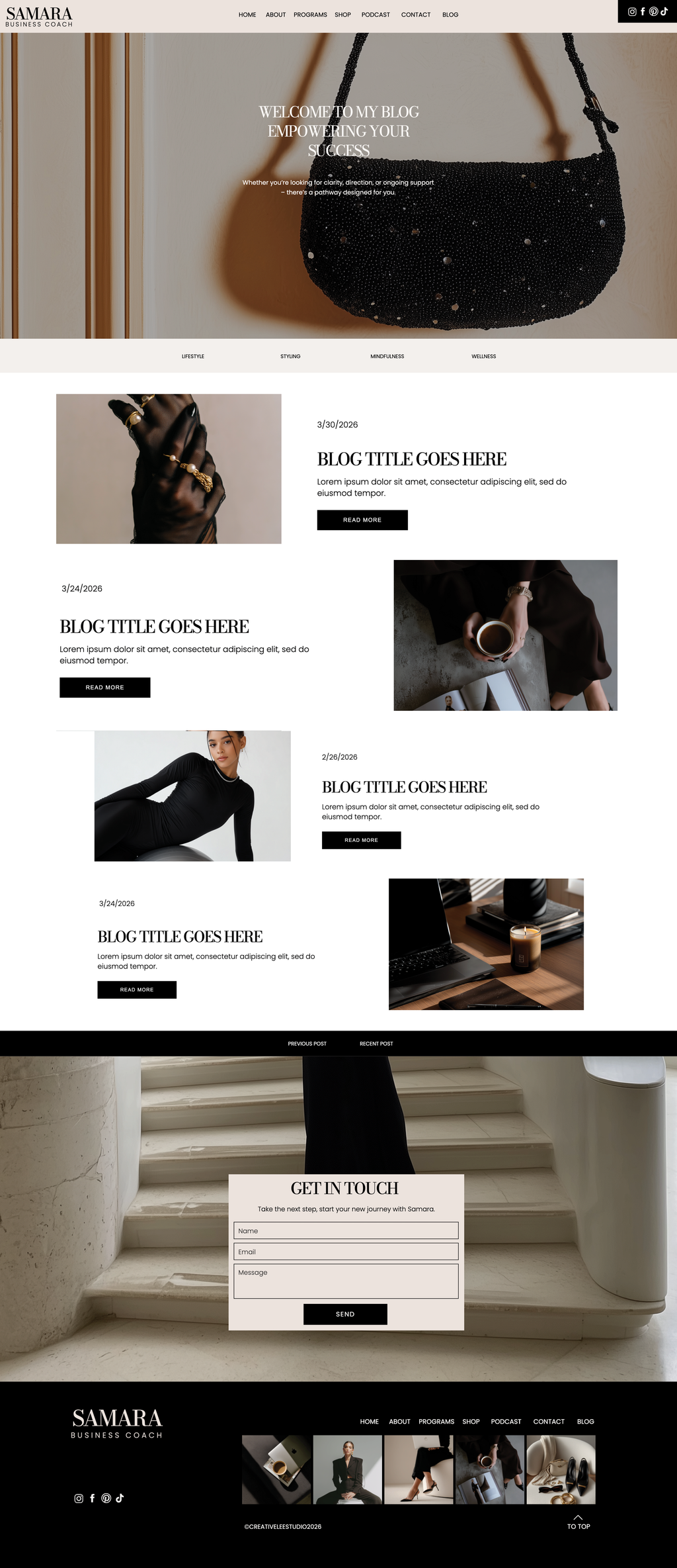 Showit business coach website template. Blog Page with a ivory, black and white theme.background