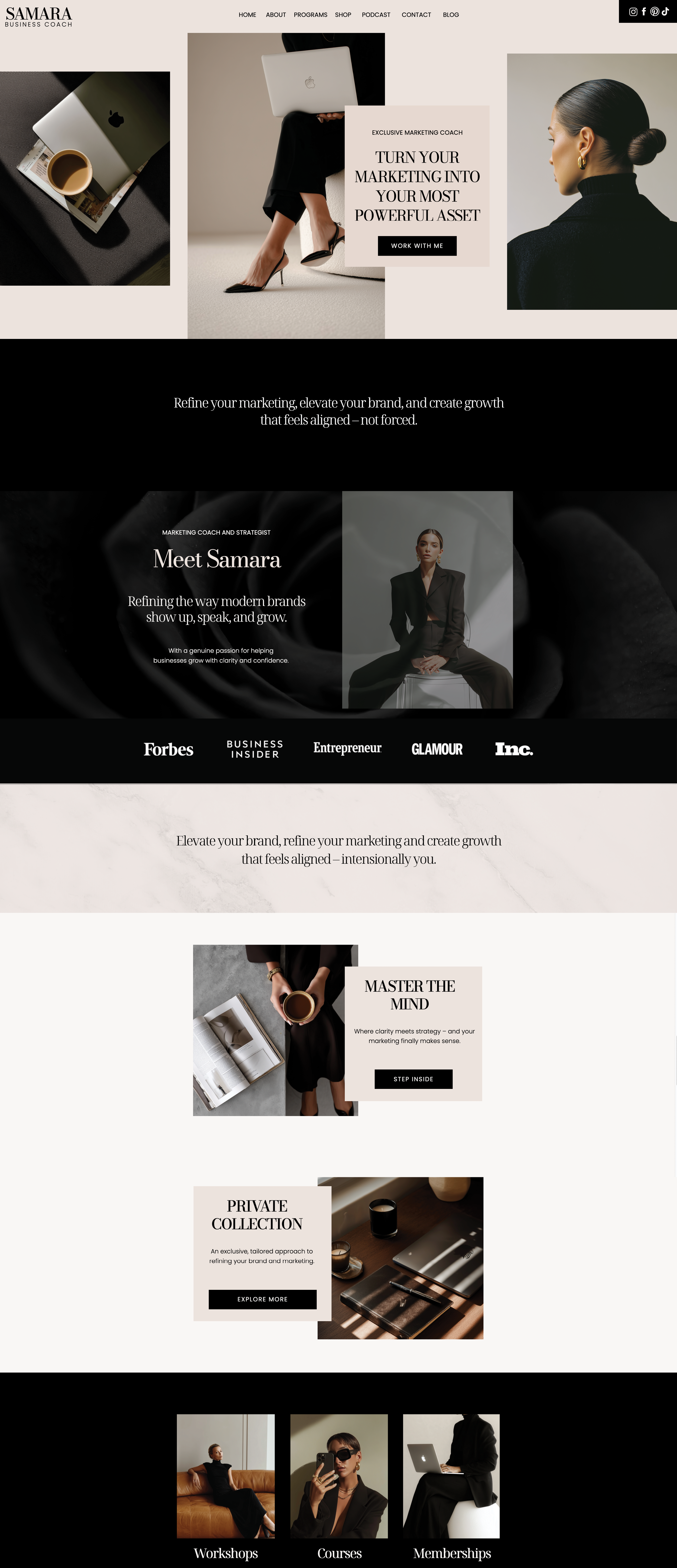 Showit business coach website template. Home Page with a ivory, black and white theme.background