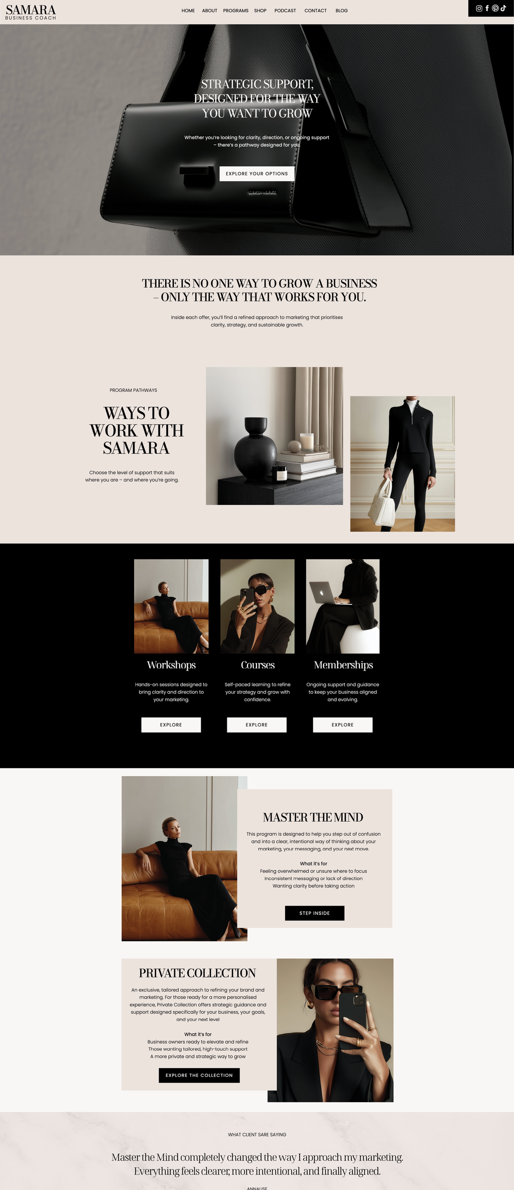 Showit business coach website template. Programs Page with a ivory, black and white theme.background