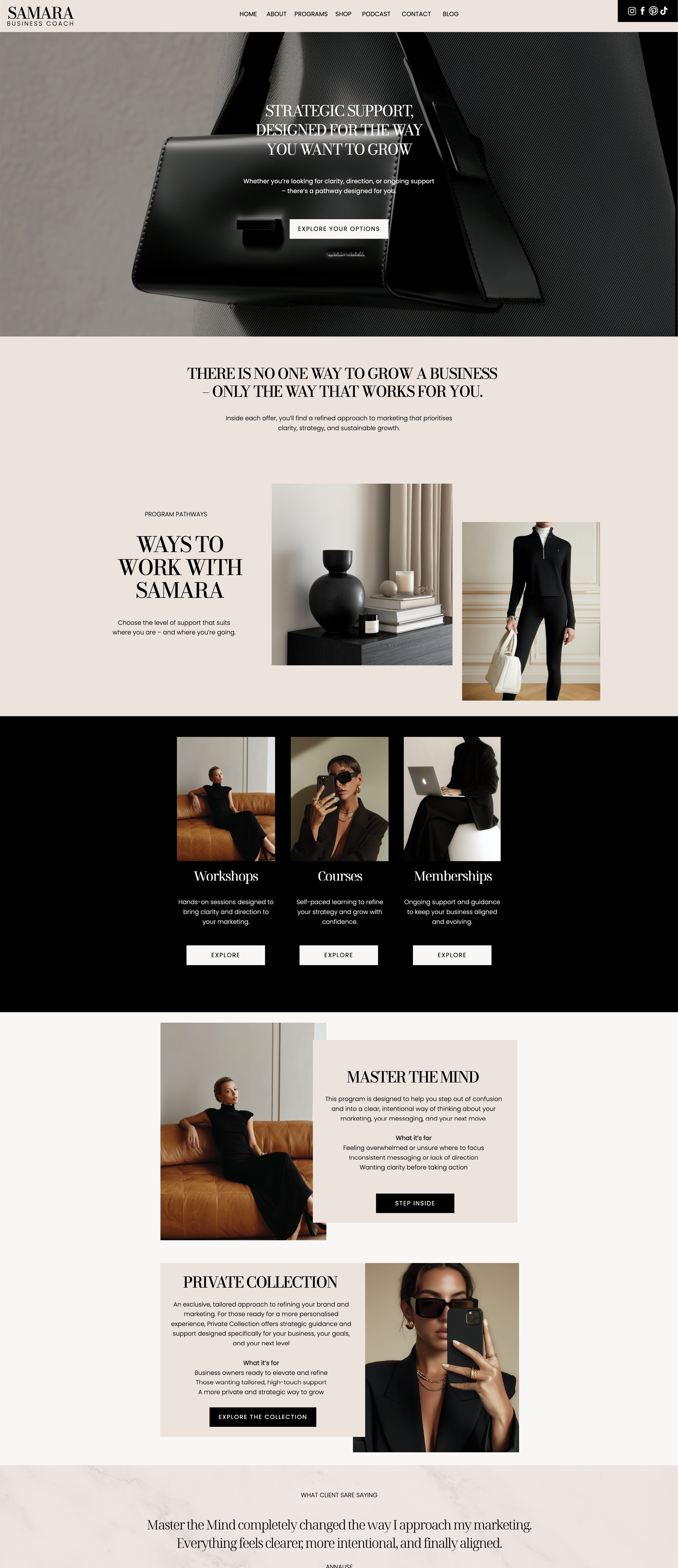 Showit business coach website template. Programs Page with a ivory, black and white theme.background