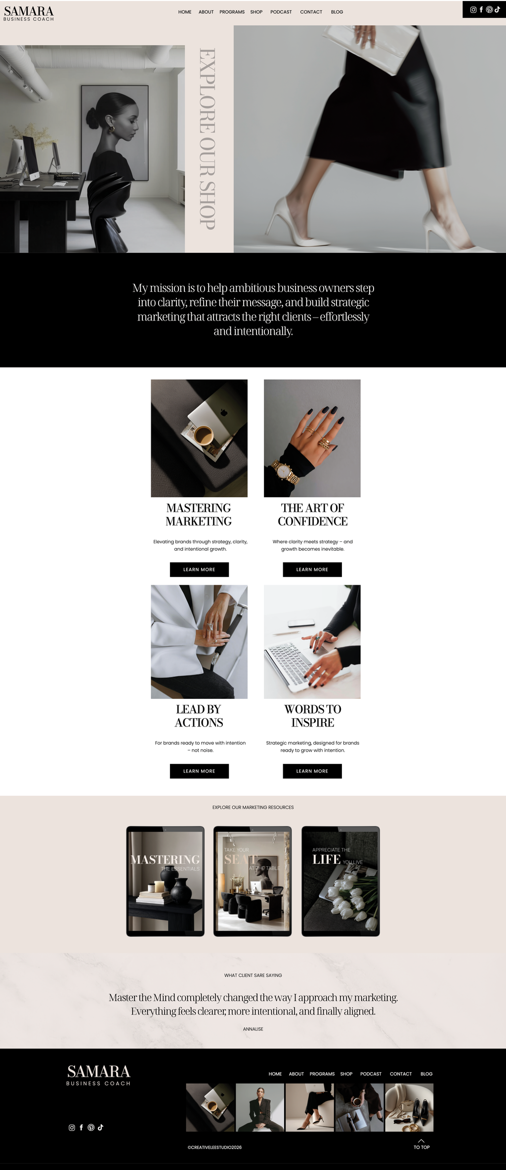 Showit business coach website template. Shop Page with a ivory, black and white theme.background