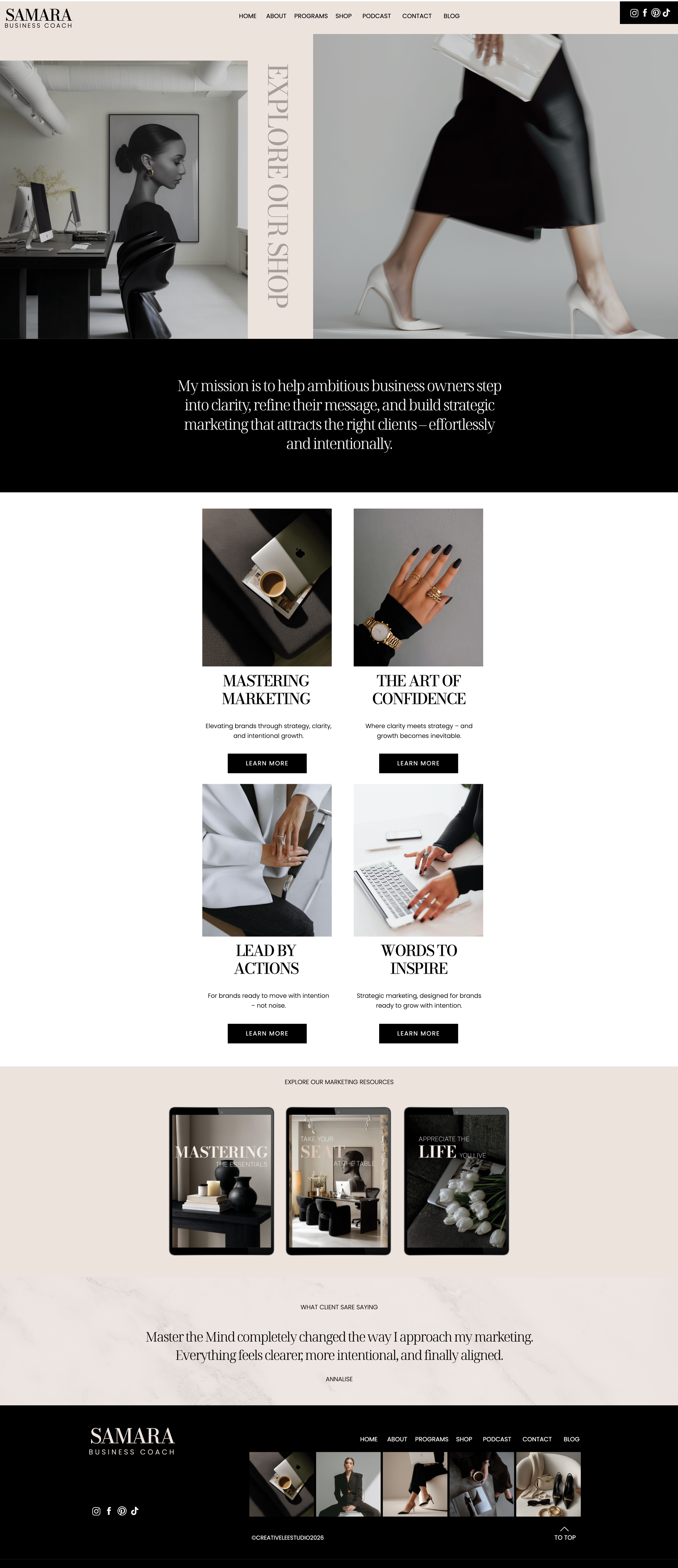 Showit business coach website template. Shop Page with a ivory, black and white theme.background